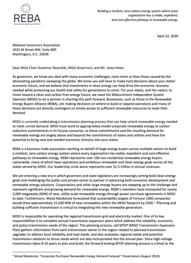 Image preview of CEBA’s Letter to the Midwestern Governor’s Association about Corporate Renewable Energy Demand